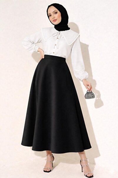 onlymoon Hijab Shirt Skirt Set with Large Collar and Pearl Detail |   Midi Sk...