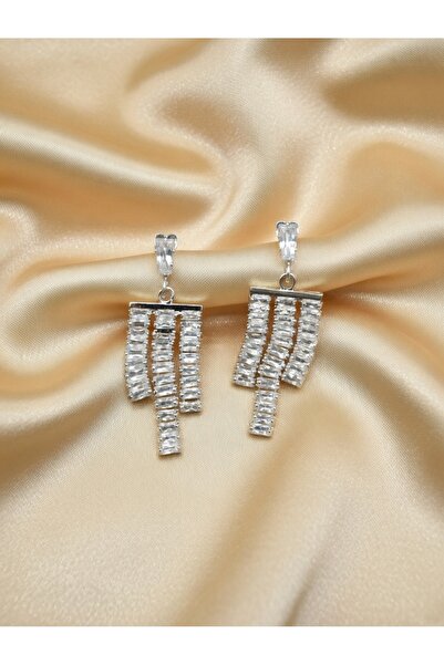 ahsenaksesuar2025 Baguette Zircon Stone Long Dangle Silver Color Steel Earrin...