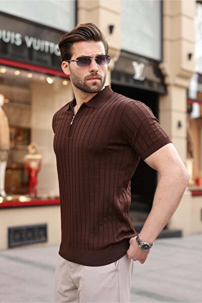 Madmext Brown Polo Collar Slim Fit Knitwear Men's T-Shirt E7465