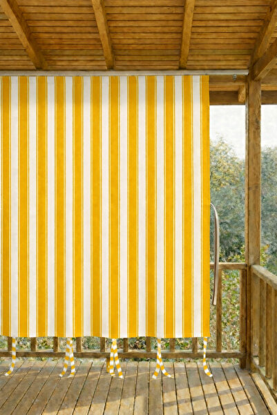 SHY TEKSTİL SARI-BEYAZ Kornişli Su Geçirmez Rüzgâr Dayanımlı Pilesiz Balkon P...