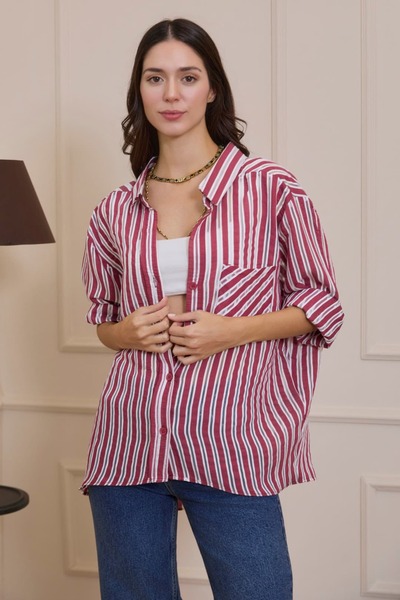 Sishli Çizgili Transparan Oversize Cepli Gömlek