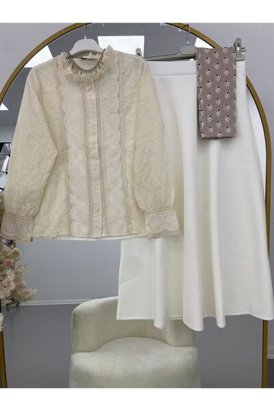 modasindoma Women's Linen Shirt White Skirt Set