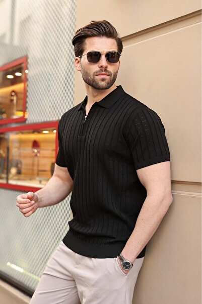 Madmext Black Polo Collar Slim Fit Knitwear Men's T-Shirt E7465