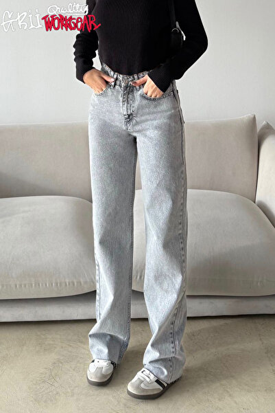 GRİİ WEAR Açık Gri Vintage Straight Jean Kesik Paça Uzun