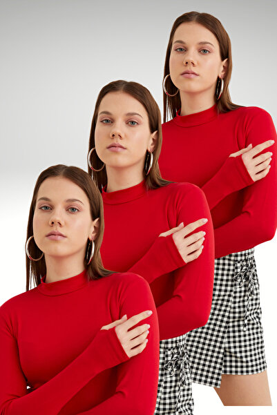 Ladima Women's Red 3-Piece Finger Detailed Bodysuit