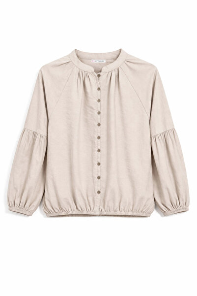 Mixray 4826 Bluză de damă cu guler în V și mâneci tip balon, cu nasturi, Stone