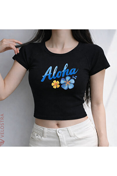 Velostra Women's Aloha Floral Printed Basic Daily Use Crop T-Shirt
