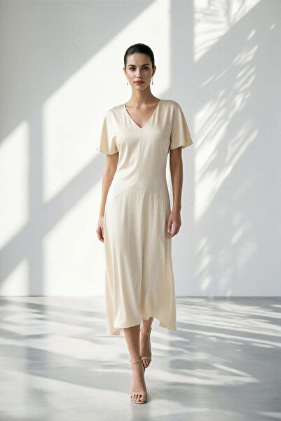 Setre Кремава рокля с V-образно деколте, къс ръкав, миди дължина, свободна кр...