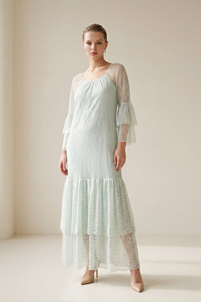 Setre Воднозелена дантелена миди рокля с детайли на ръкавите и полата