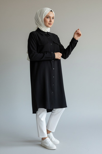 ECE GİYİM Women's Long Shirt with Metal Button Front Pocket Detail