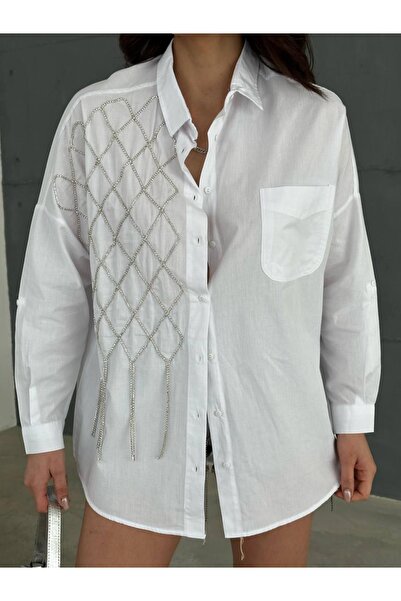 Butik Ayseba قميص نسائي موديل ZR كبير الحجم مزين بالأحجار