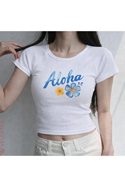 Velostra Women's Aloha Floral Printed Basic Daily Use Crop T-Shirt