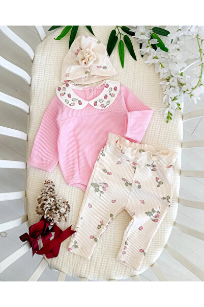 hümabebe Ahududu yaka detay gül boneli mevsimlik 3 parça bebe takım