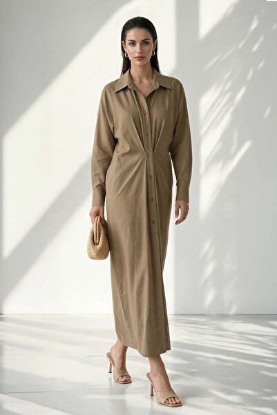 Setre Camel Shirt Collar Waist Detail Long Sleeve Relaxed Fit Dress