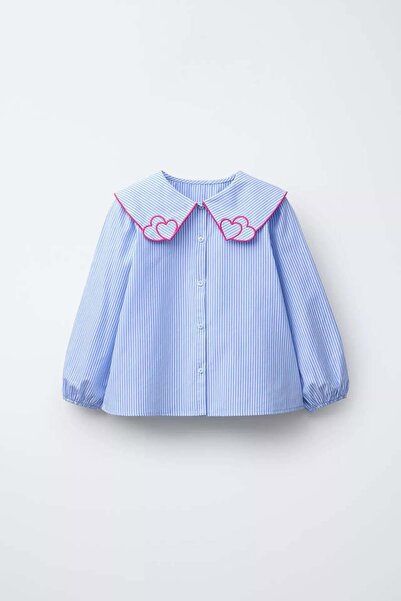 Magu Girl's Blue Striped Shirt - Heart Embroidered Large Collar
