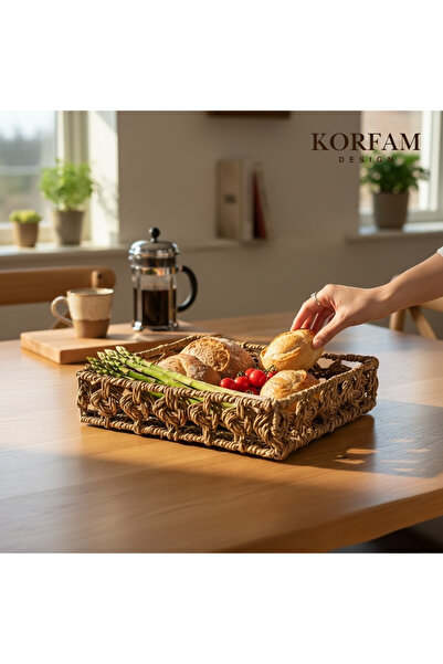 KorFam صينية مستطيلة من القش البوهيمي الديكوري المصنوعة يدوياً