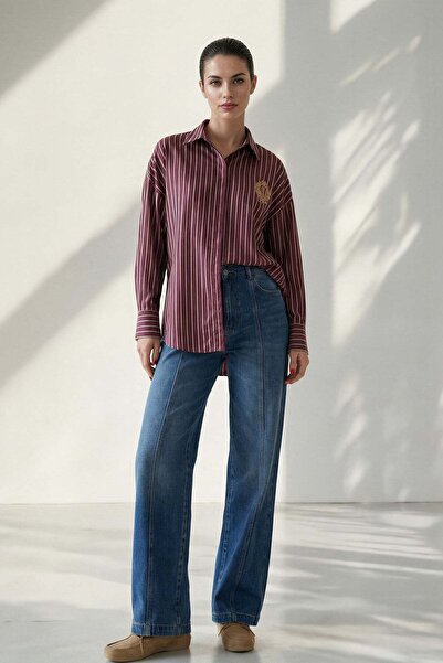 Setre Bordo Çizgili Nakış Detaylı Uzun Kollu Çizgili Gömlek