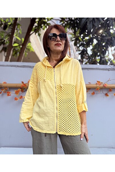 DenizEge Italian Mesh Detail Hooded Linen Jacket Yellow