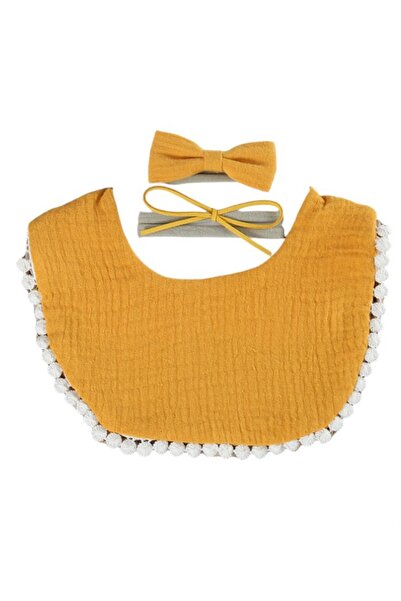 Bambimici -Sophia Set of Baby Bib and Ribbon Headband - Mustard Yellow