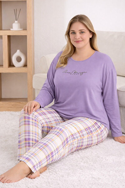 Pijamoni 34503-26 Large Size Women's Pajamas Set Long Sleeve Plaid Pants Comf...