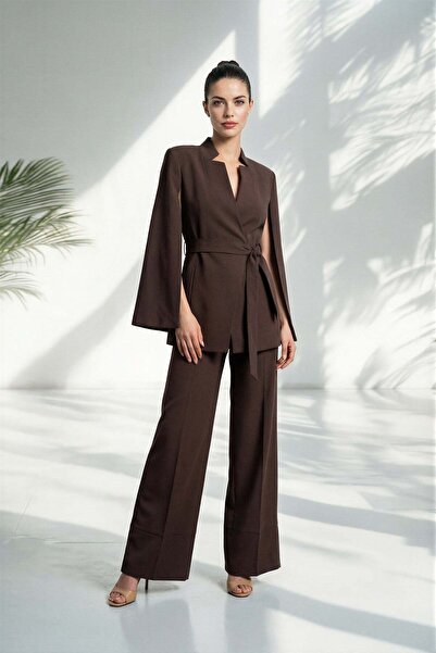Setre Acı-Kahve Kol Ve Belden Bağlama Detaylı Ceket Tam Kalıp Pantolonlu Takım