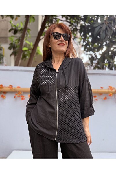 DenizEge Italian Mesh Detail Hooded Linen Jacket Black
