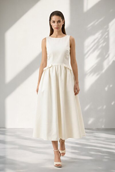 Setre Cream-Colored 100% Cotton Comfortable Cut Midi Dress with Stone and Wai...