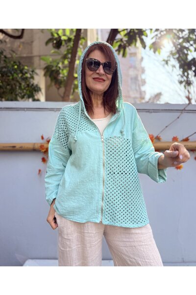 DenizEge Italian Mesh Detail Hooded Linen Jacket Water Green