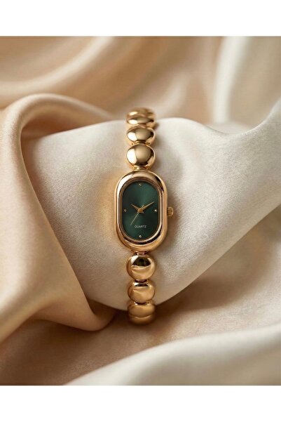 KLISHE Butik ساعة نسائية من الفولاذ باللون الذهبي ومينا خضراء وحزام كلاسيكي ب...