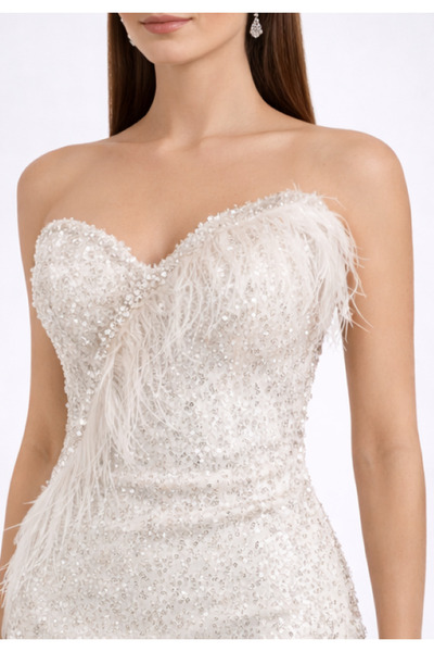 Zeyn KADIN ABİYE BEYAZ MİNİ OTRİŞ VE FUL TAŞ DETAYLI ŞIK DAVET-İSTEME ELBİSESİ