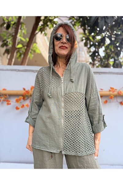 DenizEge Italian Mesh Detail Hooded Linen Jacket Khaki