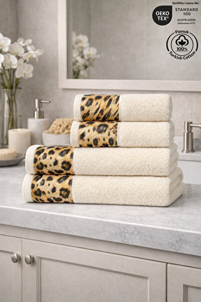 Ellaline 4 Piece Leopard Bath Towel Set 100% Certified Cotton, 450 Gsm Cream ...