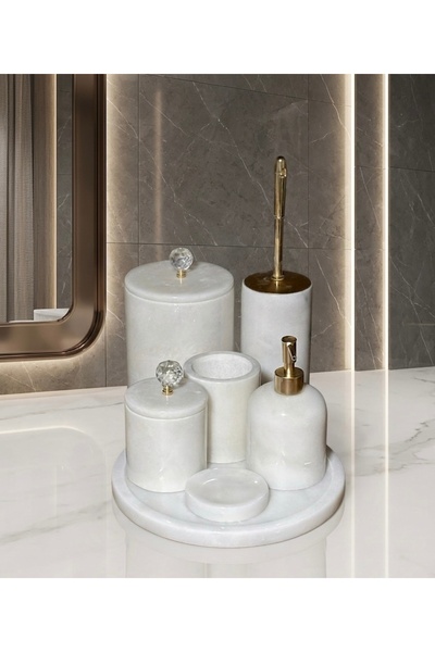 mermer home dekorasyon ELMAS KULPLU 7 Lİ BEYAZ MERMER BANYO SETİ