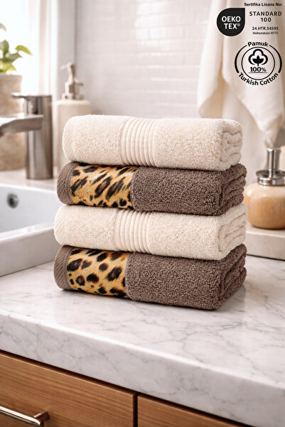 Ellaline 4 Piece Leopard and Striped Border Hand and Face Towel Set 100% Cott...