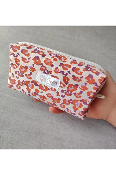 Handmade Mor&Kiremit Kırmızısı Leopar Desenli Küçük Boy Makyaj&Hijyen Çantası...