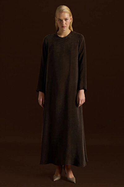 MISS DALIDA Solid Color Long Sleeve Cupro Dress Brown T26Y-4008