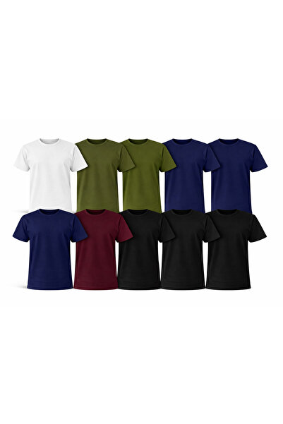 MONOTEE Tricou 100% Bumbac, Set 10 Tricouri Alb, Kaki, Bleumarin, Visiniu si ...