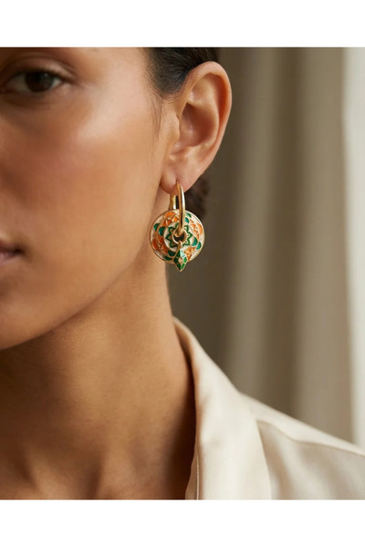 Dorvina Women's Earrings Gold Detailed Orange Enamel Embellished Flake Hoop E...