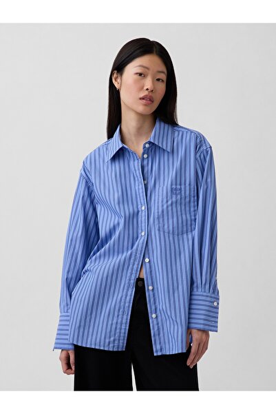 GAP Kadın Mavi Organik Pamuk Poplin Big Gömlek