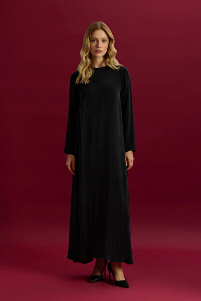 MISS DALIDA Solid Color Long Sleeve Cupro Dress Black T26Y-4008