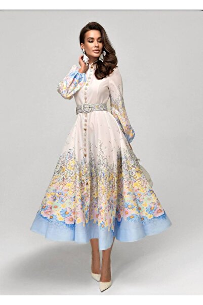 WellWay Linen Fabric Zimmerman Model Lace Detailed Dress (Belt Included)-Blue...