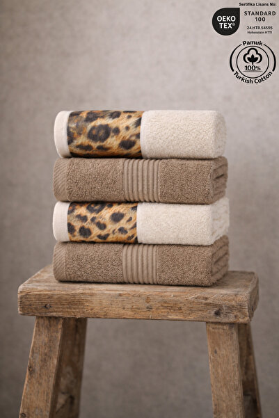 Ellaline 4 Piece Leopard and Striped Border Hand and Face Towel Set 100% Cott...