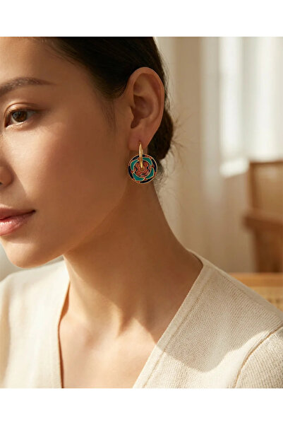 Dorvina Women's Earrings Gold Detailed Blue Red Enamel Embellished Flake Hoop...