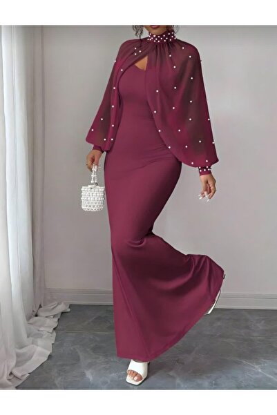 FRESCO SCARFS Women's Turtleneck Pearl and Tulle Detail Diver Fabric Maxi Len...