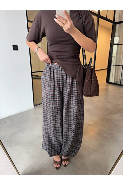 LOKADI Women's Brown Plaid Patterned High Waist Wide Leg Baggy Trousers