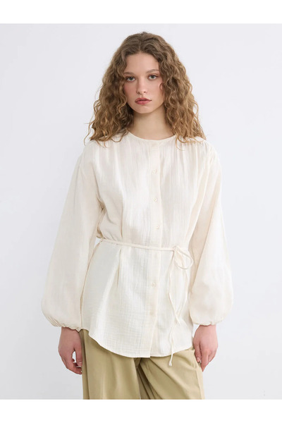 LC Waikiki LCW Modest Ekru Hakim Yaka Beli Kuşaklı Kadın Gömlek Tunik