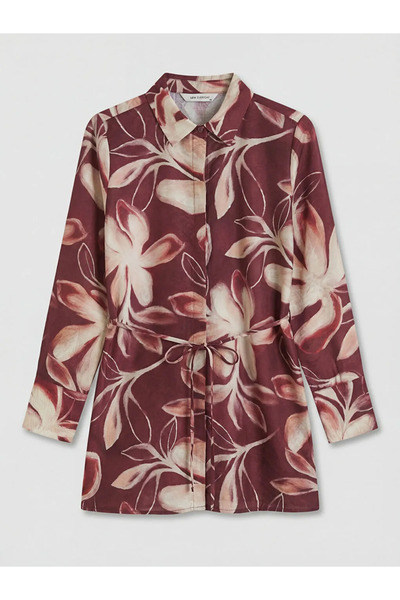 LC Waikiki LCW EVERYDAY Bordo Çiçekli Kuşaklı Kadın Gömlek Tunik