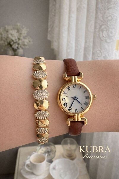 Kübra Accessories VİNTAGE KAHVERENGİ KAYIŞ GOLD DETAYLI KADIN SAAT