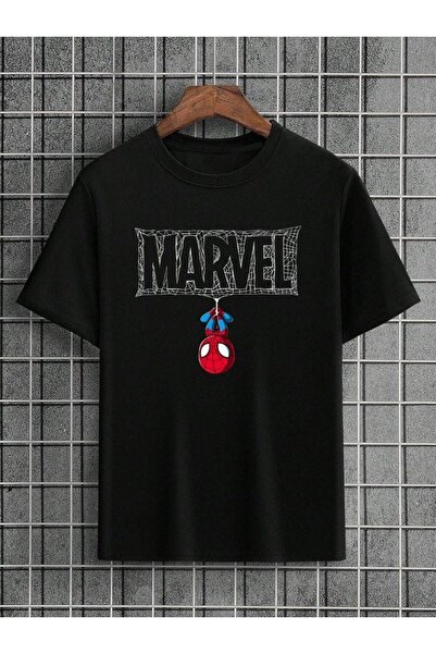 Marvel Baskılı Basketbol %100 Organik Pamuklu Kalın Dokulu Oversize Bisiklet Yakalı Siyah T-shirt