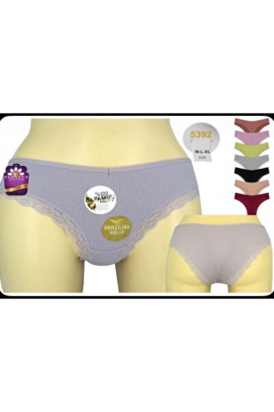 Papatya Pack of 12 Brazilian Panties with Ribbed Fabric, Waist and Leg Lace D...